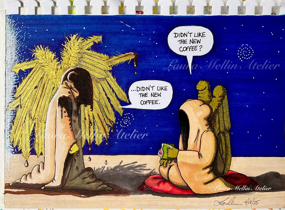 A marker, ink, and paint pen cartoon of my OCs, The Watchers (the small, robed creatures with gold wings and hands mouse ear bumps on their hoods, but no visible faces who assist The Mouse Prophet) facing each other. The Watcher on the right is sitting on a red cushion, holding a green mug of tea, looking at The Watcher on the left, who has their wings in complete disarray, head down, with their hood pulled over their head entirely, soaked in brown liquid that is dripping off their hood and wings, and puddled around them.
The seated Watcher says “Didn’t like the new coffee?”, and the standing Watcher replies “…didn’t like the new coffee.”.
The Mouse Prophet is very fussy about their morning coffee! 
The coffee-soaked Watcher has just stepped out of an inter dimensional portal, which is throwing light on both Watchers, so their shadows go to the right.
The background sky is blue with stars and galaxies, the ground is sand-coloured.