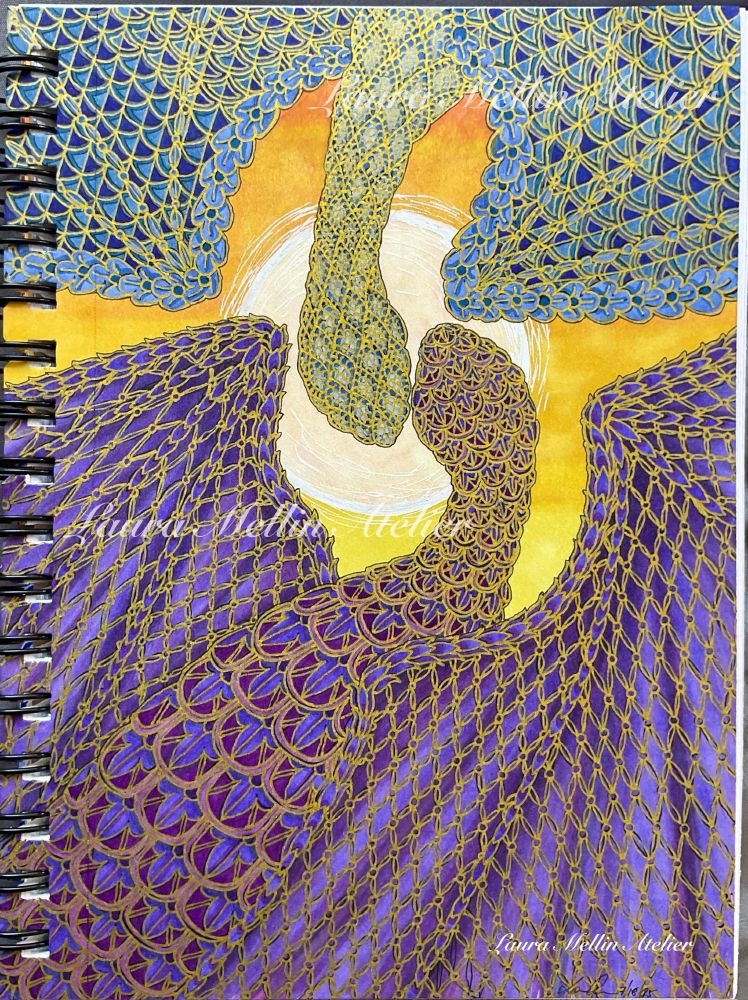 Sky Dancing - A marker, ink, and paint pen drawing of two dragon-like winged creatures flying, one above, one below, with their heads almost touching in the center, silhouetted against a sun.
The below creature is shades of purple worked over with gold ink, and covers more of the image; their head is pointed up, tilted to the left, their wings spread. Their body is covered with round scales with a decorative pattern on each in shades of purple. Their wings are edged with pointed scales, and the main part of the wings is covered with a dot and line X pattern.
The above creature is shades of blue worked over with gold ink; their head is pointed down and tilted to the right, almost cheek to cheek with the below creature. Their body is only visible to the shoulders, and covered with diamond-shaped scales with a gold pebbled pattern. Their wings are edged with shaped scales in a three-petal flower pattern, and the main part of the wings is worked in an Art Deco style fan pattern, divided so that it is dark on one half and light on the other, then edged with a complementary blue line that is edged with gold.
The sky behind them is yellow, dark at the top, lighter at the bottom, with a very light yellow sun edged with white paint pen.
This is part of a series of pattern studies using dragon shapes, working gold opaque ink over shaded marker colours. 