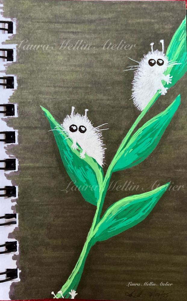 A marker, ink, and paint pen drawing of a plant on a dark green background. On the plant are two round white fuzzy creatures with round black eyes, one on the top leaf, one on the next leaf down, both staring at you. They have little paws hanging down, whiskers, and insect antennae are sticking up from their heads. 
At the base of the stem, a white paw is reaching up, and two white antennae are visible.
Are they animals? Insects? Aliens? We don’t know, but you’re in their forest now…