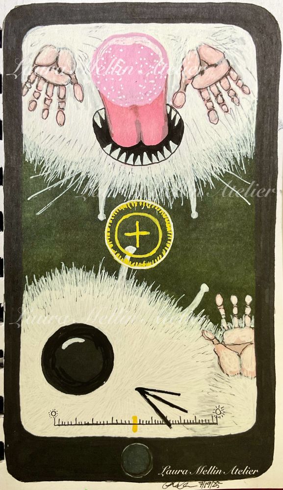A marker, ink, and paint pen drawing of a smartphone, with two tiny fuzzy white creatures up close against the camera lens, so that a photograph was taken of them. The phone is black, and has a button on the frame. The “photograph” shows both creatures: one fuzzy white creature at the bottom, peering at the lens with one huge black eye, the other screwed shut, and a humanoid pink hand/paw pressed against the lens, and the other with both hands/paws pressed against the lens, with an apparently huge pink tongue in a mouth of sharp white teeth, licking the lens. The background is green-black.
The camera focus indicator is in the center, two circles, one inside the other, with a plus sign in the center. A light level with black ruler markings is at the bottom of the picture, with the yellow indicator in the center.
Nothing but the phone was found, certainly no sign of fuzzy white monsters, which obviously don’t exist, and can’t have eaten a human! Photos? La la la we can’t hear youuuuuu. *burp*
