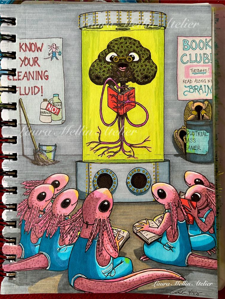 A marker, ink, and paint pen drawing of my OC, The Sad Alien Brain, a brown brain-like creature with long nerve-like fibers hanging down, floating in a tall glass tank filled with fluorescent greenish-yellow fluid, reading a book to their Axolotl-like attendants.
The brain is wearing a pair of gold glasses, and is holding a red book in their long pink neuronal wire fibers. The book is “Paul Clifford” by Edward Bulwer-Lytton, which is the book that starts with the famous line “It was a dark and stormy night.”.
The Axolotls are pink, with brighter pink gills and darker pink spots on their bodies, and they are wearing blue overalls, with their tails sticking out of a hole in the back. They are all sitting, cross-legged, in a half-circle around the front of the Brain’s tank, holding books, and smiling at the brain. They all have huge black oval eyes with light points, and their noses are reflecting the yellow-green of the tank lights (they’re shiny!).
One Axolotl, on the right, is staring at their book, which is upside down. Oops!
Behind the tank is the cavern wall, in the shadows; on the left, is a bucket, and mop leaning against a red lettered poster that says “KNOW YOUR CLEANING FLUID!”, with a picture of a cartoon Axolotl at the top right, and a red “NO!” over a bottle of ammonia next to a bottle of bleach (don’t mix these!). On the right of the tank, there is a barrel of “Industrial Glass Cleaner”, but the label is partially turned so that the first two letters in “glass” are not visible. This was done by my OCs, The Watchers (small interdimensional mouse-like creatures in robes, whose faces are not visible), one of whom has their head propped on their elbows, leaning on the barrel. The other Watcher is peeking out from behind the left side of the barrel. Above them is a white poster with blue lettering and a pink border that says “BOOK CLUB! Tuesdays! Read along with the BRAIN.”.
This is a very silly drawing, and a very long alt text.