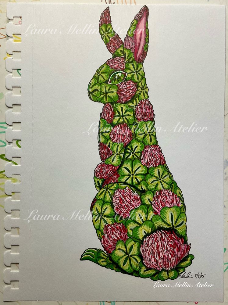 A marker, ink, and paint pen drawing of a Hare, three-quarters back to the viewer, head turned to the left so one eye is visible, and the left front and rear paws are visible, covered with a pattern of pink clover flowers and four leaf clovers.
The eye has a four leaf clover iris with a dark pink/red sclera behind, and a dark green dot in the center, with light reflected. The tail is a giant clover flower, the ears are upright, continue the pattern on the outside, and are pink inside.
Background is blank paper.