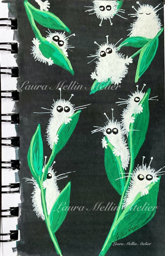 A marker, ink, and paint pen drawing of green stilt grass on a dark green-black background. Tiny fuzzy white creatures are sitting on the leaves of the grass. One of them, top right, is asleep, but the others are staring at you with big round black eyes.
What you must ask yourself is, why do they all have antennae? Are you surrounded? How is that one up top holding on?
…Will you make it out of the woods if you run fast enough? Do you feel lucky? Well, do ya?
