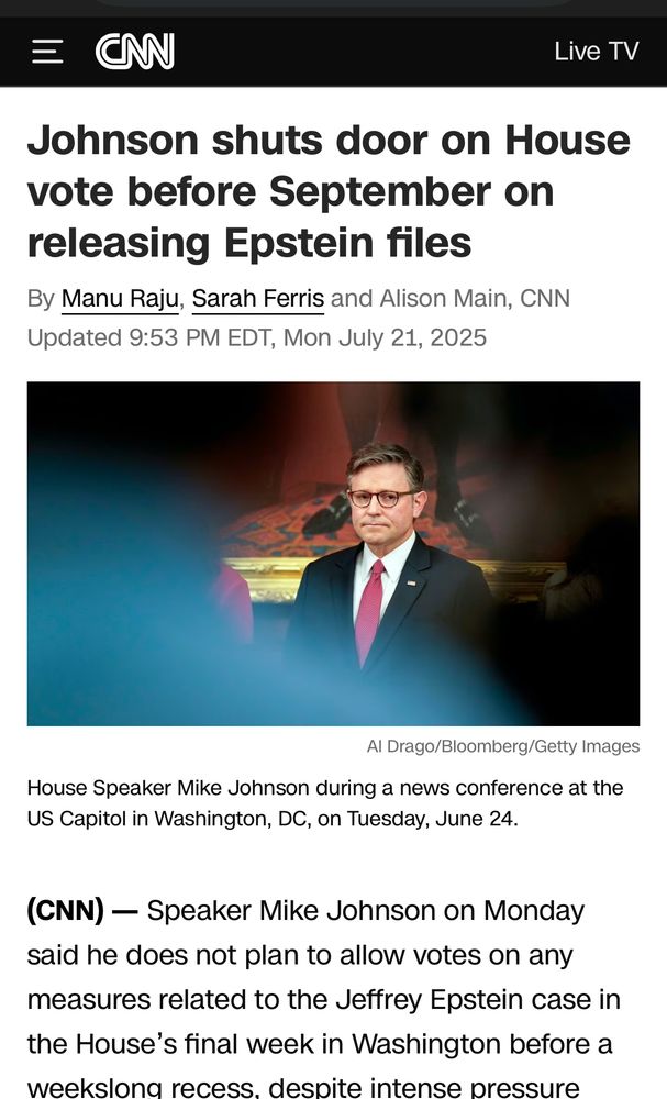 Johnson shuts door on House vote before September on releasing Epstein files