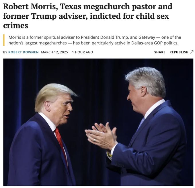 Trump and Morris in formal attire engage in a conversation on stage, framed by dark curtains, during what appears to be a public event.