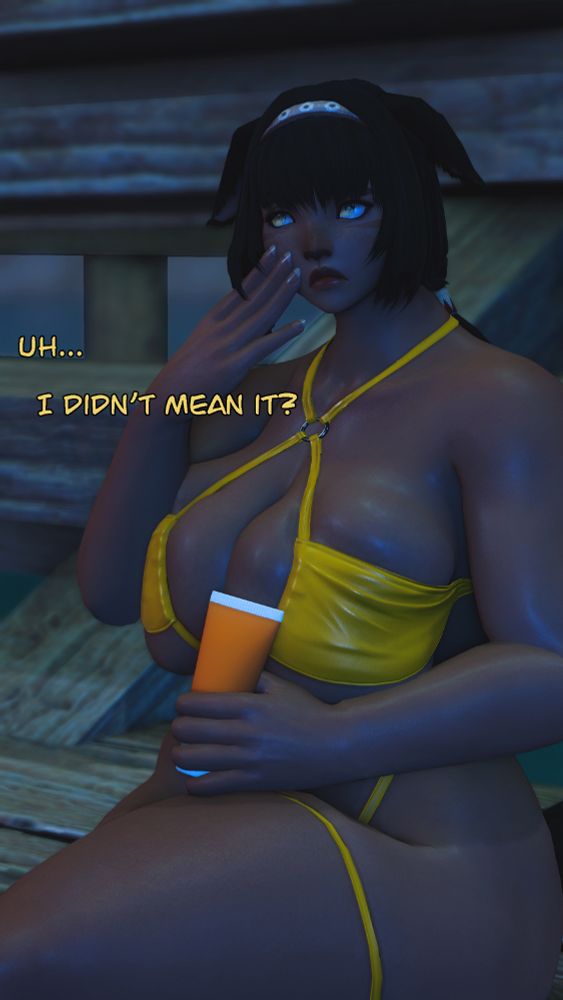 Part two of the same gpose from before, it is dark now as the sun has gone out. She looks surprised and is saying "Uh... I didn't mean it?"