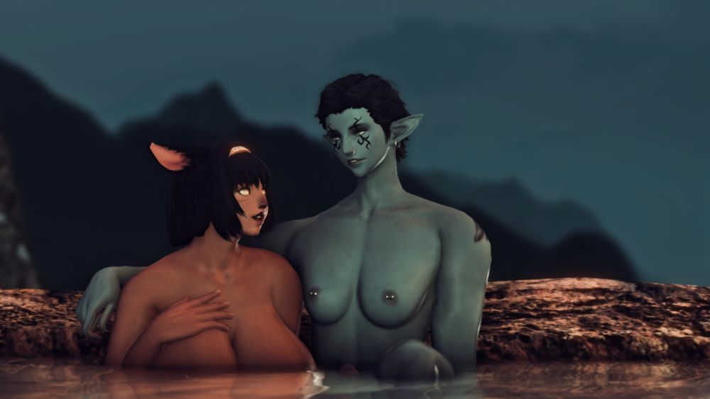 D'shuki and Rinnji are at an outdoor sauna in the evening. They are cuddling up close to one another in the water and D'shuki seems to be yapping!