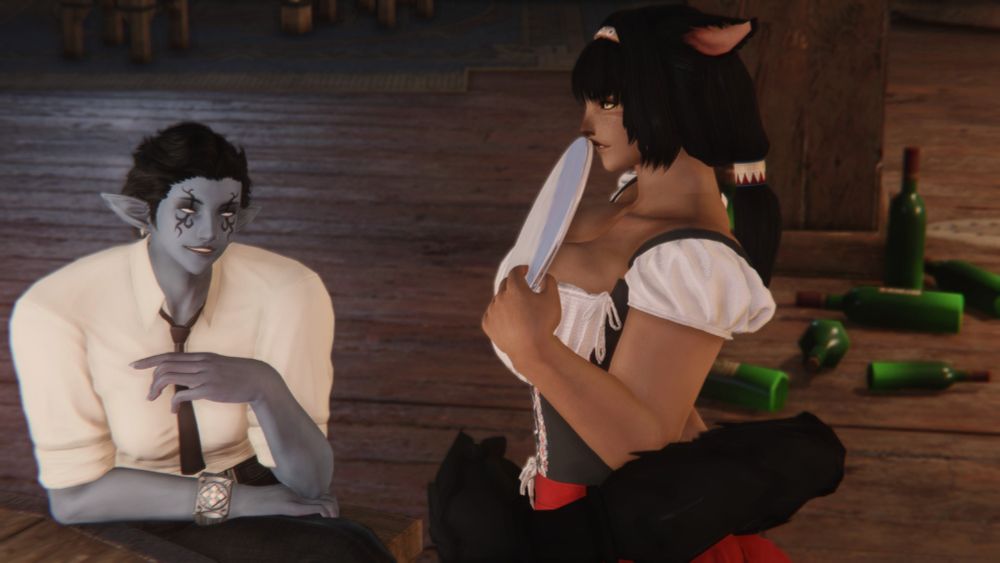 D'shuki and Rinnji at Shuki's workplace. D'shuki is serving Rinnji's table and looks giggly and flustered. Rinnji must have asked her out on a date.