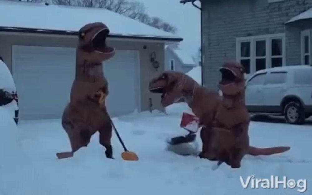 three t-rex costumes are shoveling snow in front of a garage with viralhog written on the bottom