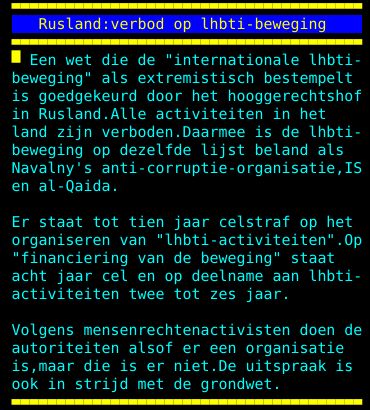 beweging" als extremistisch bestempelt is goedgekeurd door het hooggerechtshof in Rusland. Alle activiteiten in het land zijn verboden. Daarmee is de lhbti- beweging op dezelfde lijst beland als Navalny's anti-corruptie-organisatie, IS en al-Qaida. Er staat tot tien jaar celstraf op het organiseren van "lhbti-activiteiten". Op "financiering van de beweging" staat acht jaar cel en op deelname aan lhbti- activiteiten twee tot zes jaar. Volgens mensenrechtenactivisten doen de autoriteiten alsof er een organisatie is, maar die is er niet. De uitspraak is ook in strijd met de grondwet.