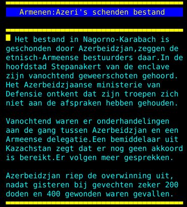 Het bestand in Nagorno-Karabach is geschonden door Azerbeidzjan, zeggen de etnisch-Armeense bestuurders daar. In de hoofdstad Stepanakert van de enclave zijn vanochtend geweerschoten gehoord. Het Azerbeidzjaanse ministerie van Defensie ontkent dat zijn troepen zich niet aan de afspraken hebben gehouden. Vanochtend waren er onderhandelingen aan de gang tussen Azerbeidzjan en een Armeense delegatie. Een bemiddelaar uit Kazachstan zegt dat er nog geen akkoord is bereikt. Er volgen meer gesprekken. Azerbeidzjan riep de overwinning uit, nadat gisteren bij gevechten zeker 200 doden en 400 gewonden waren gevallen.