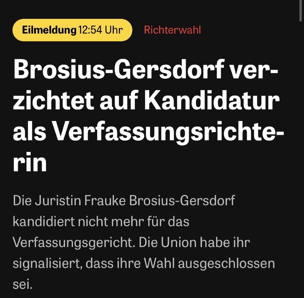 Eilmeldung 12:54 Uhr
Richterwahl
Brosius-Gersdorf verzichtet auf Kandidatur als Verfassungsrichterin
Die Juristin Frauke Brosius-Gersdorf kandidiert nicht mehr für das Verfassungsgericht. Die Union habe ihr signalisiert, dass ihre Wahl ausgeschlossen sei.