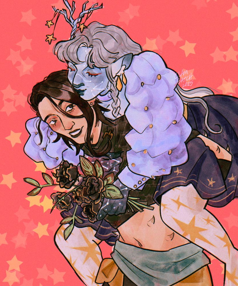 image of two sapphics- one is lanky with a messy bob and they are giving a piggy back ride to a blue-skinned femme presenting person with long grey hair, a single antler, and is covered head to toe in star motifs. the blue skinned character is kissing the other's forehead 