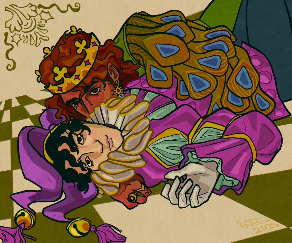 a prince and a court jester laying on a green tiled ground in a very model-esque pose. the prince, amaranth, is wearing a green, peacock sleeve doublet and laying on top of the jester, fish, who is wearing very intricate purple harlequin jester garb.  