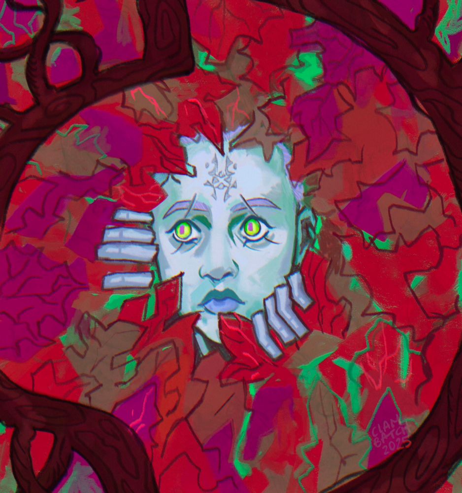 person with glowing green eyes, pale gray/blue skin, and a forehead tattoo peeking through bright red and purple foliage with a very dark brown tree branch border winding organically around the image.