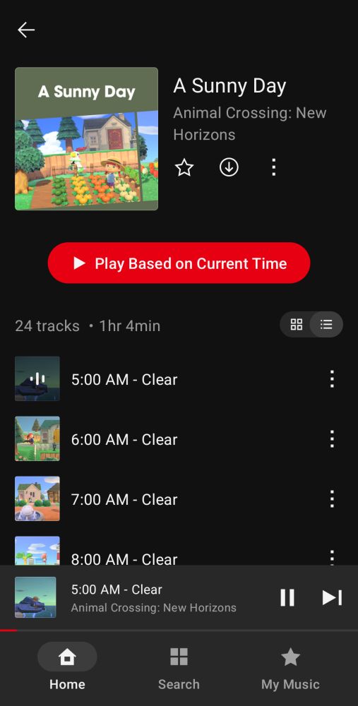 Screenshot from Nintendo Music showing an Animal Crossing New Horizon playlist with the red button at top saying "Play Based on Current Time".
