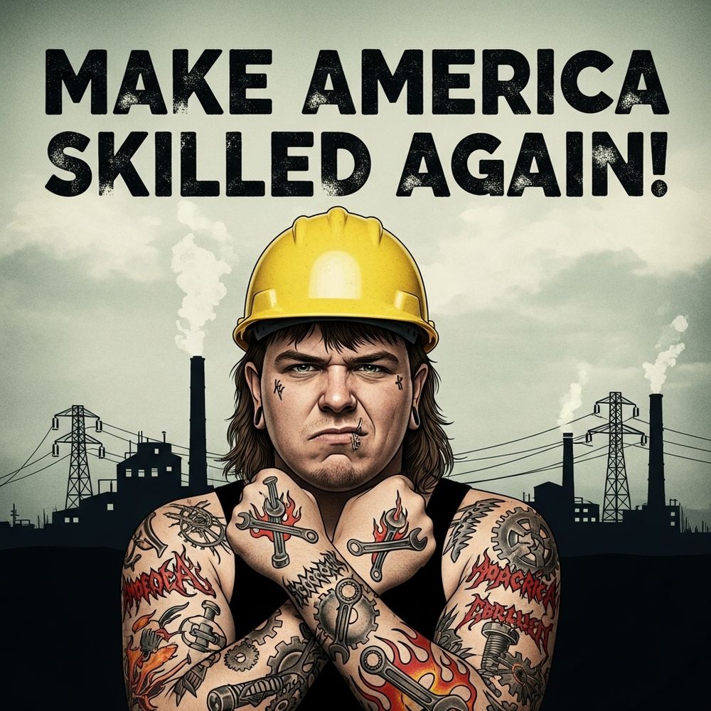 image of a worker with full-sleeve metal tattoos, a scowling face, a mullet hair cut, and a yellow hard-hat, set against a dark industrial skyline