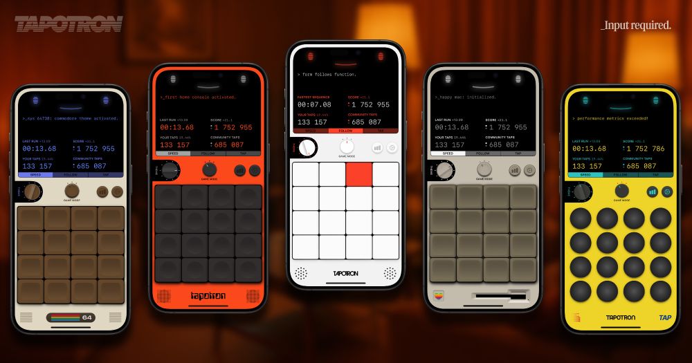 5 iPhone devices with the app TAPOTRON playing. TAPOTRON is a game for iOS devices with retro inspired UI where you tap buttons. 
