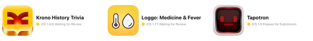 Screenshot from App Store website that shows app icons for Krono History Trivia, Loggo and Tapotron. Screenshot also shows the app status saying "Waiting for review".