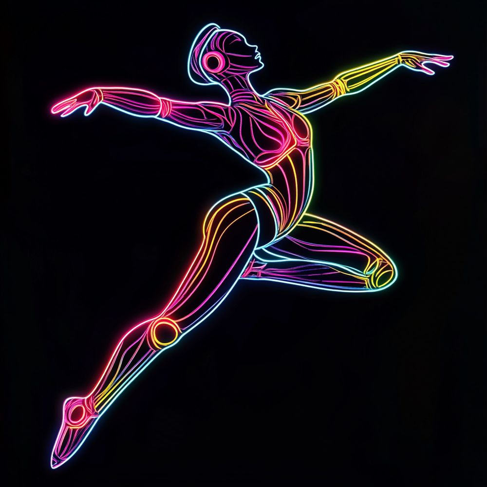 Blacklight line art illustration of an android ballerina, drawn with glowing neon wires on a black background. She is mid-jump with one of her legs up in the air.