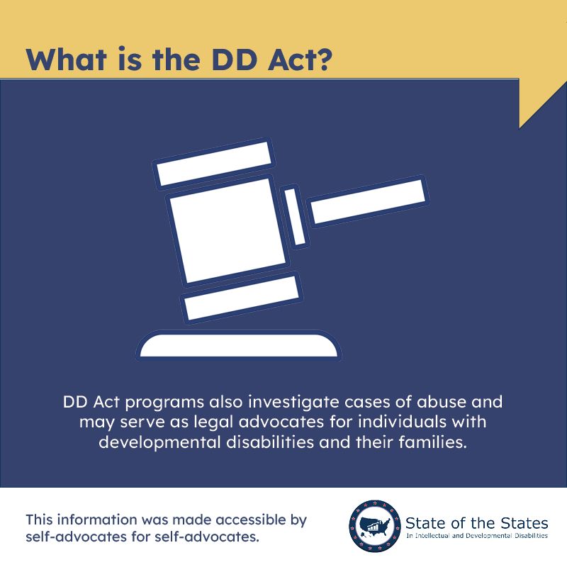What is the DD Act?
DD Act programs also investigate cases of abuse and may serve as legal advocates for individuals with developmental disabilities and their families.
This information was made accessible by self-advocates for self-advocates.