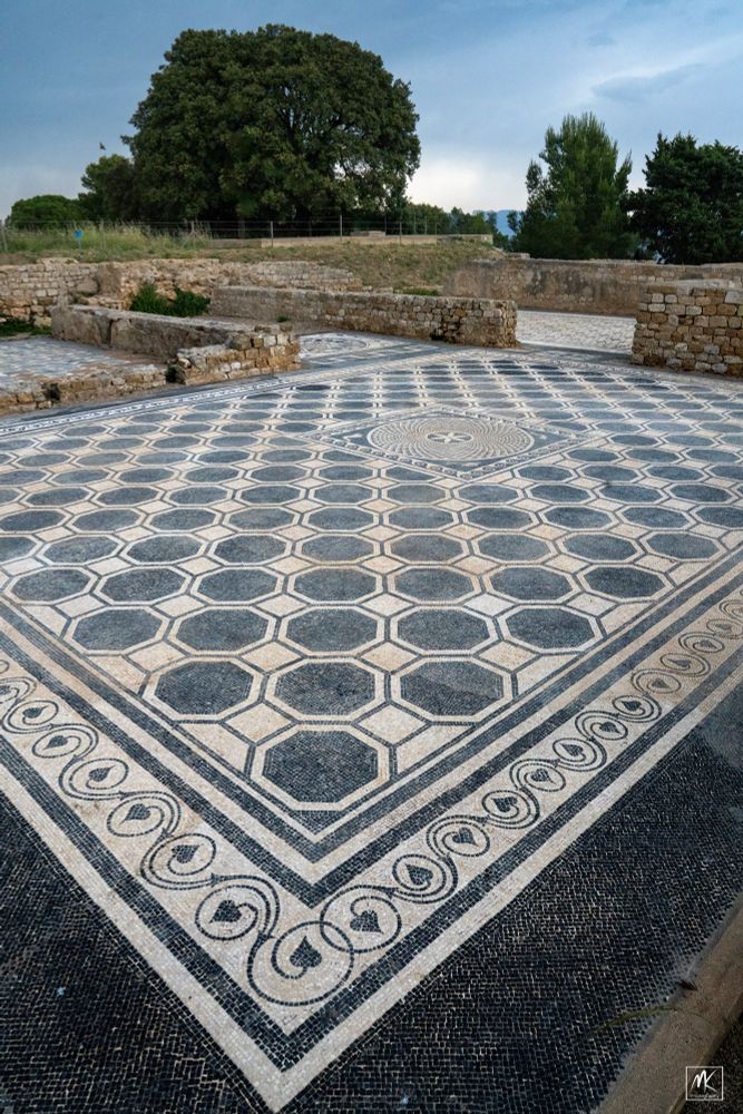Color photo of a black and white patterned mosaic floor seen from one corner, surrounded by low ruined walls and with trees in the background. 