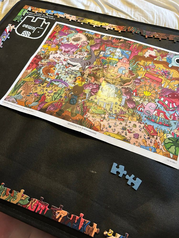 A jigsaw puzzle that has missing parts 