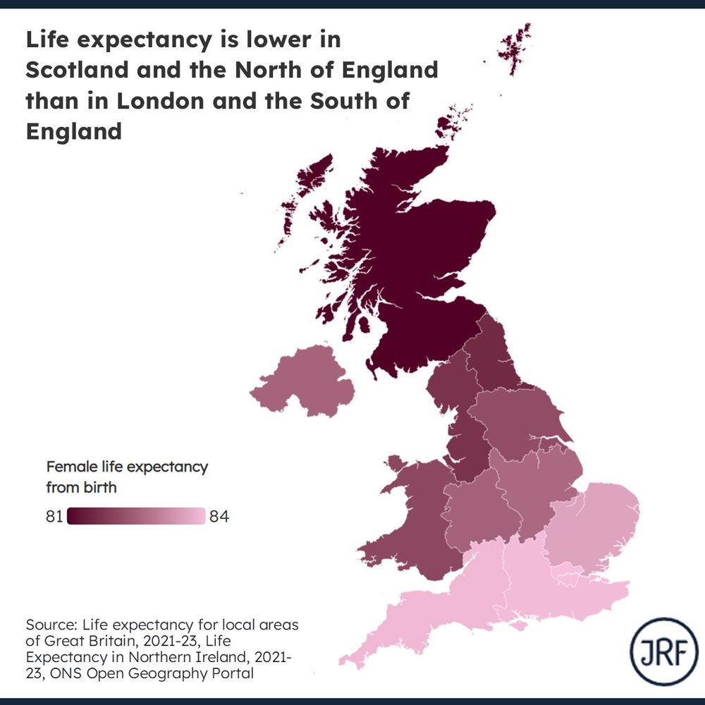 A map that shows life expectancy rates across the UK. Life expectancy is lower in Scotland (it is lowest in Scotland) and the North of England than in London and the South of England. This map uses data from ONS life expectancy for local areas of Great Britain 2021-23 and ONS life expectancy in Northern Ireland 2021-23.