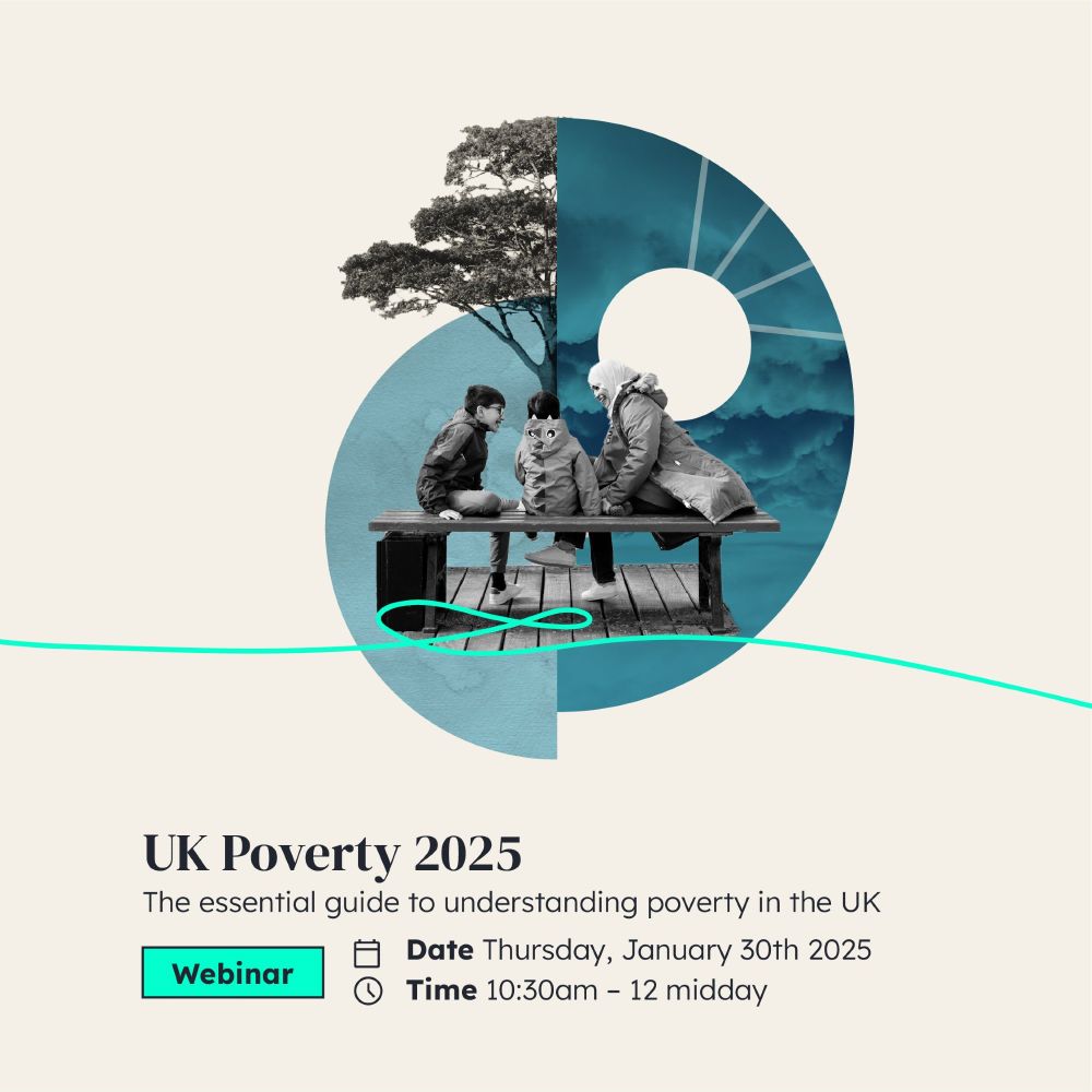 Promotional graphic for 'UK Poverty 2025' webinar, featuring a collage with four individuals seated at a table. It will take place Thursday, January 30th 2025, from 10:30am to 12 pm.