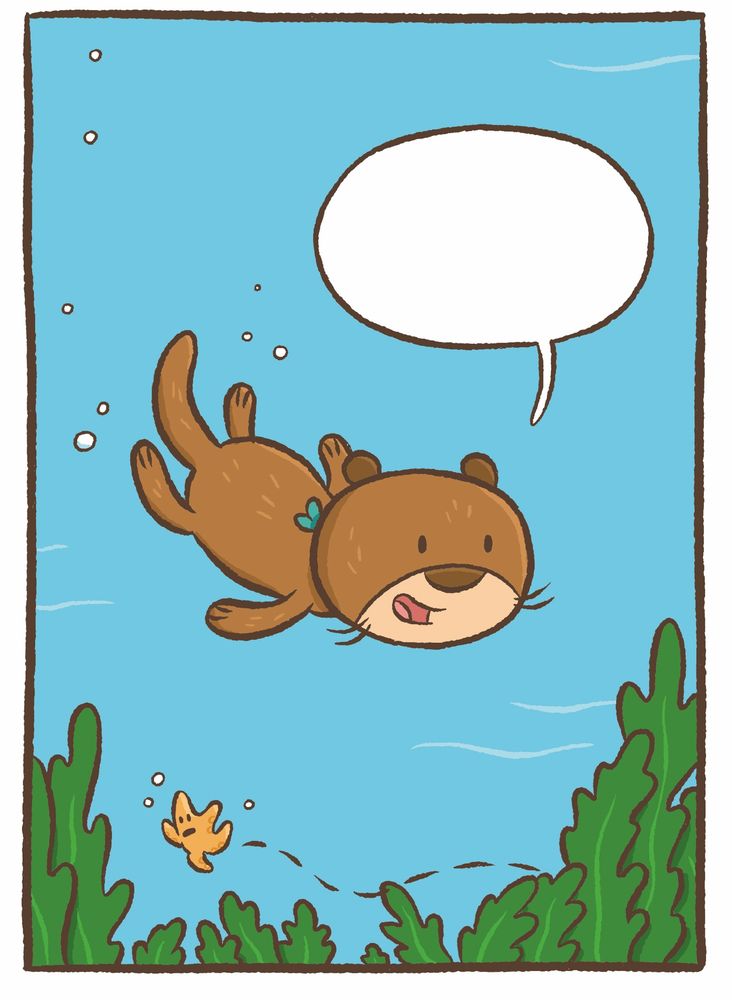 A smiling cartoon otter swims underwater while a tiny starfish scurries away.