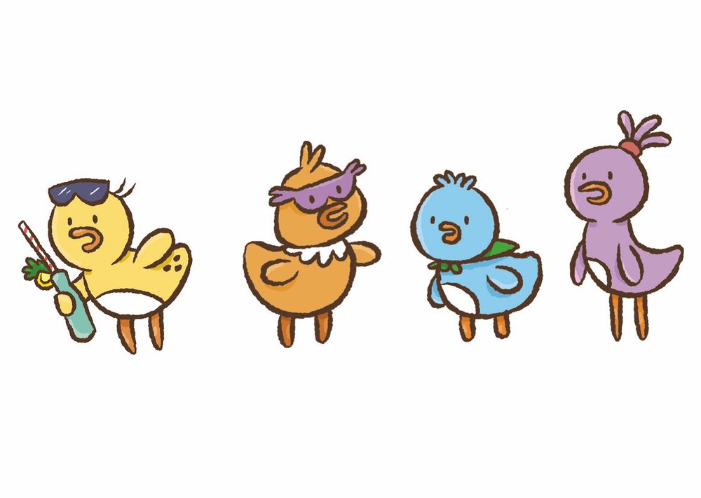 Four cute little cartoon birds in a line: a yellow one has sunglasses on his head and holds a refreshing bottle with a straw and lemon wedge in it. An orange bird wears stylish profile sunglasses, a blue bird wears a green neck scarf, and a taller purple bird has a ponytail of feathers on her head.