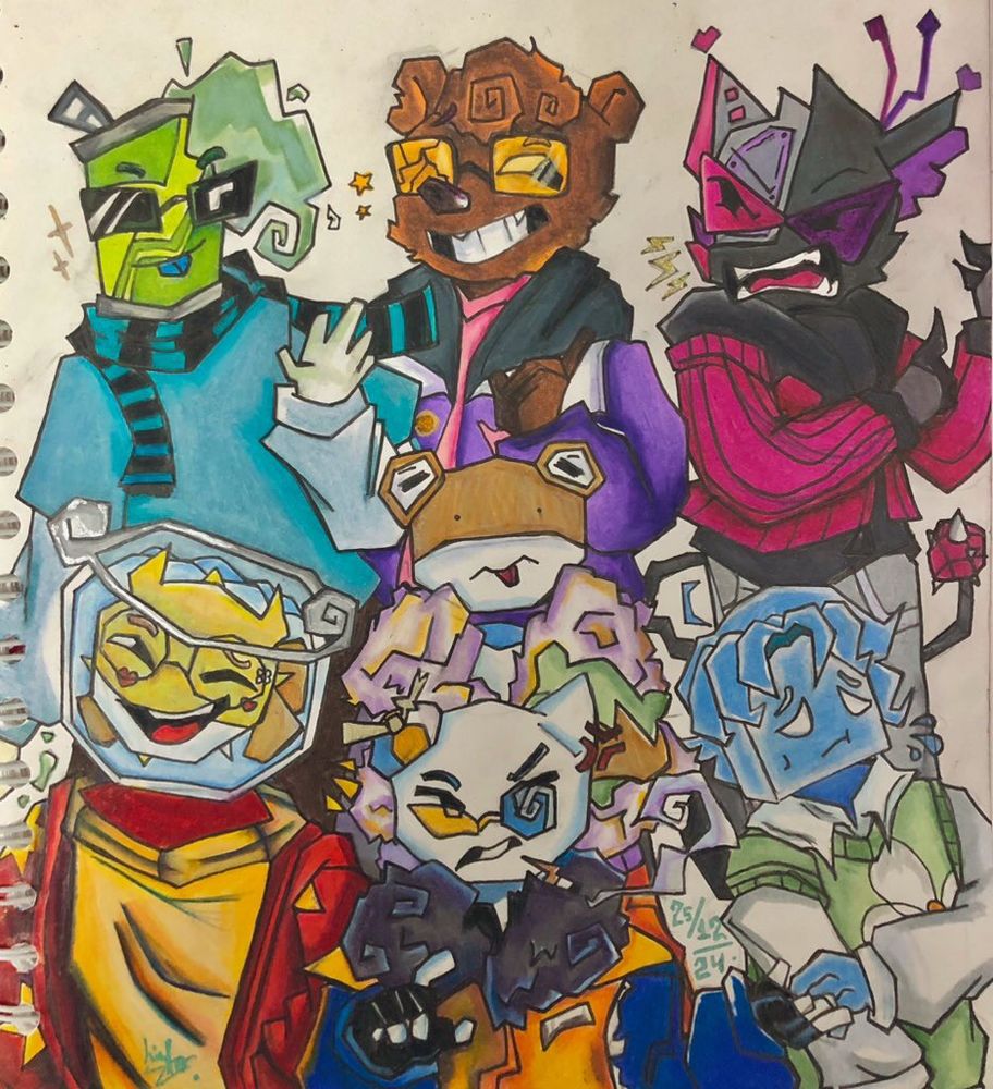 Vibrant art of 7 members of frouse from @/jailynzachairie’s 2p (2nd player) au