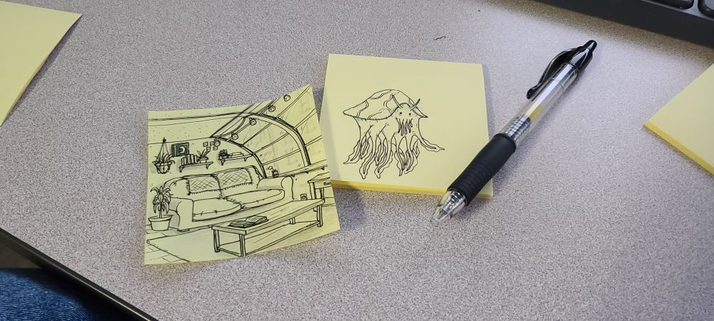 A picture of two post-it notes. One containing a picture of a livingroom and the other containing Jeremy! (Floating squid creature)