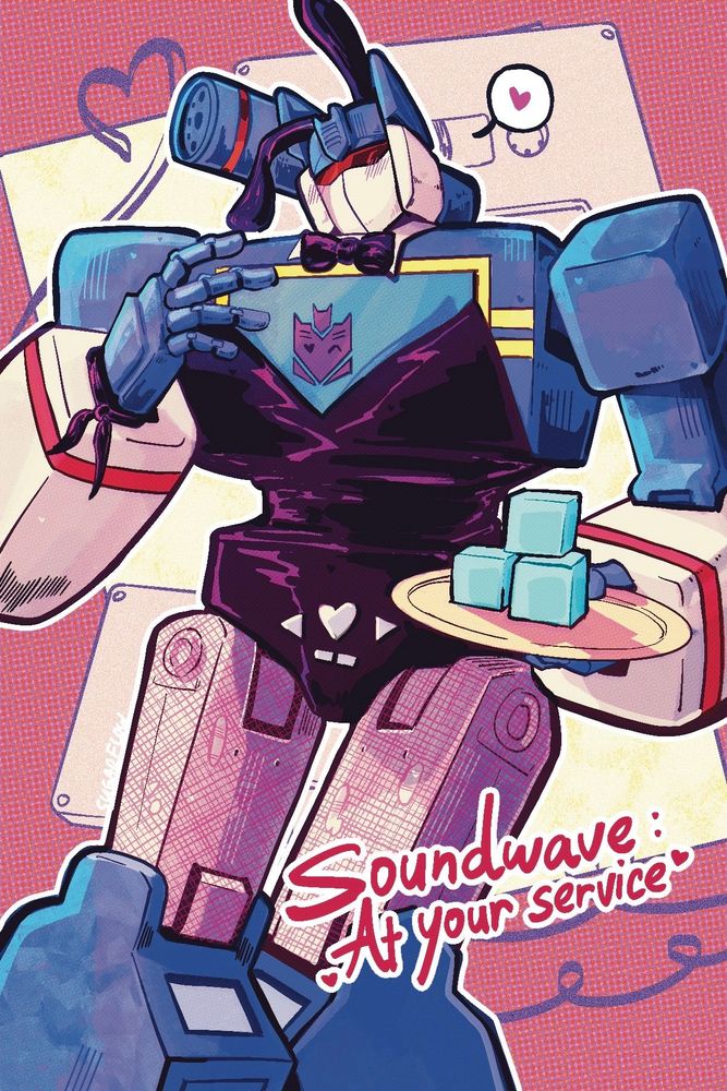 SOUNDWAVE from transformers in his G1 form, wearing a bunny girl outfit with pink fishnets. He is carrying a plate with three cubes of energon.