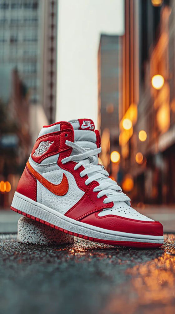 A single red and white Nike Air Jordan 1 sneaker is perched atop a gray, textured rock in an urban setting. The shoe features red leather panels at the toe, heel, and ankle, contrasted by white leather on the side panels and toe box. A bright orange swoosh adorns the side. The laces are white and loosely tied. "NIKE AIR" is visible on the tongue. The rock the sneaker rests on is damp, reflecting the city lights. The background is a blurred cityscape of tall buildings at dusk, lit by warm yellow streetlights. The overall composition has a shallow depth of field, emphasizing the sneaker. The mood is modern and stylish.