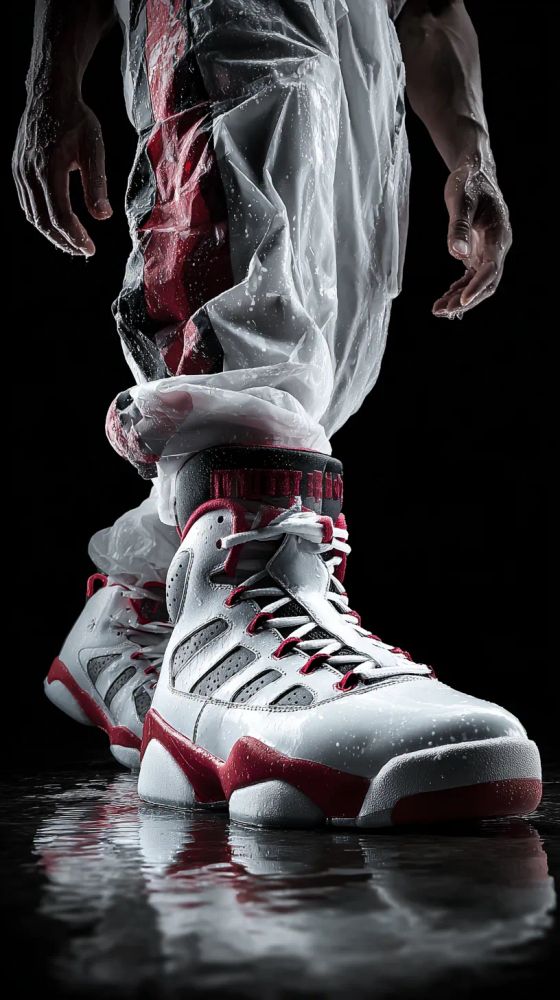 A low-angle, dramatic studio shot focuses on a person in athletic gear standing ankle-deep in water, highlighting a pair of white and red sneakers. The individual wears translucent plastic trousers, bunched around their ankles and revealing glimpses of red and black shorts underneath. Their hands, glistening with moisture, are positioned on either side of the frame, palms facing down. The sneakers are predominantly white with red accents on the sole, eyelets, and upper ankle area; water droplets cling to the leather and laces. Dark grey mesh panels are visible on the sides. The water on the reflective black surface creates blurry mirror images of the shoes and the person. Lighting is dramatic, with strong contrasts between light and shadow, casting reflections on the wet surfaces. The background is a stark black, emphasizing the subjects in the foreground.