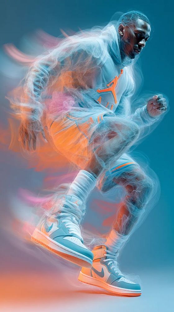 A dynamic image displays an athlete in motion, surrounded by blurred, ethereal effects suggesting speed and power. The subject is a muscular Black man, his face determined as he appears to be running. He wears a white hooded sweatshirt with an orange Jordan logo prominently displayed, along with matching basketball shorts featuring orange trim. White socks and light blue and white Air Jordan sneakers, outlined with orange, complete his athletic attire. The image is constructed with layers of translucent light blue and orange smoke-like effects that emanate from the athlete's body, blurring the edges and reinforcing the sense of movement. The background is gradient, transitioning from a cool teal at the top to a warm orange at the bottom, creating a dramatic and visually appealing contrast. The lighting is bright and somewhat diffused, accentuating the texture of the clothing and the ethereal effects. The composition is a full-body shot, capturing the athlete in mid-stride, conveying action and energy.