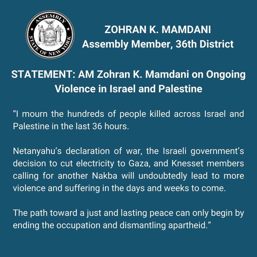 Statement by Zohran Mamdani condemning, among other things, "Knesset members calling for another Nakba".