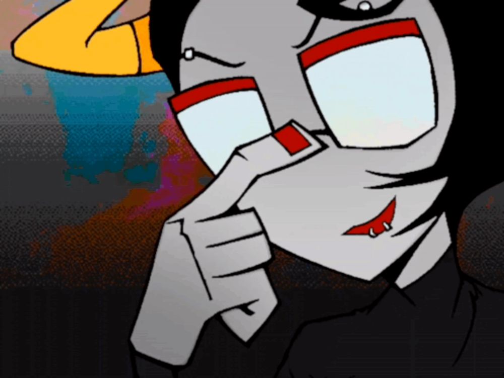 a cartoon drawing of a troll wearing glasses and a red rim