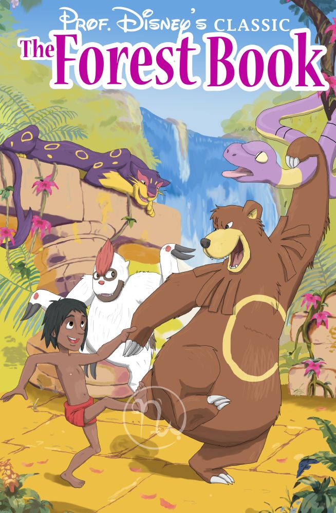 Young Mowglem (Male brown-skinned human with medium length black hair. He has brown eyes, and is slender. Mowglem is only wearing red underwear.) and Urloo (Male brown-furred ursaring with white claws.) are dancing together out in the jungle. Urloo has one paw pulling Ekaa (Male purple and yellow ekans. He has yellow eyes and a pink tongue.) down from a tree as they dance. Bagpaara (Male liepard with purple fur and yellow circle markings. He has a purple tail, fangs, yellow eyes, and pink markings around his eyes.) is lying on some stone block ruins behind everyone watching them all dance.  King Vouie (Male vigoroth with white fur and black claws. His jaw is brown. He has a red nose, red pawpads, and red fur patch on his forehead. He has black eyes.) is watching the dancing duo as he joins in with his hands raised. There is a clear blue sky above them and a waterfall behind Urloo.  There are some pink flower vines growing on the ruins.
