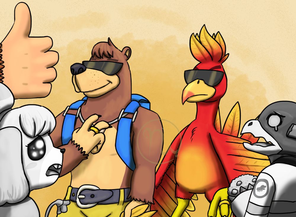 Banjo (Male brown bear with brown fur, tan skin, and short brown hair. He is wearing yellow shorts, a black belt, a necklace, a blue backpack, and black sunglasses.) and Kazooie (Female breegull with red and yellow feathers. She has a yellow beak and yellow talons. Her beak has a red tip. Kazooie is wearing black sunglasses.) are presenting their wedding rings to the people around them. Banjo smiles in confidence while Kazooie frowns in annoyance at others. Donkey Kong's (Male ape with tan skin hands and brown fur.) hand is giving a thumbs up in support while Isabelle (Female shih tzu with grey fur, grey hair, dark grey eyes, and buckteeth. She is wearing a grey shirt.) and Falco (Male bird with dark grey feathers, a white beak, and grey eyes. He is wearing a white jacket.) and are sad as they hoped to date the duo. Falco is holding a flower bouquet. The background is various shades of yellow. 