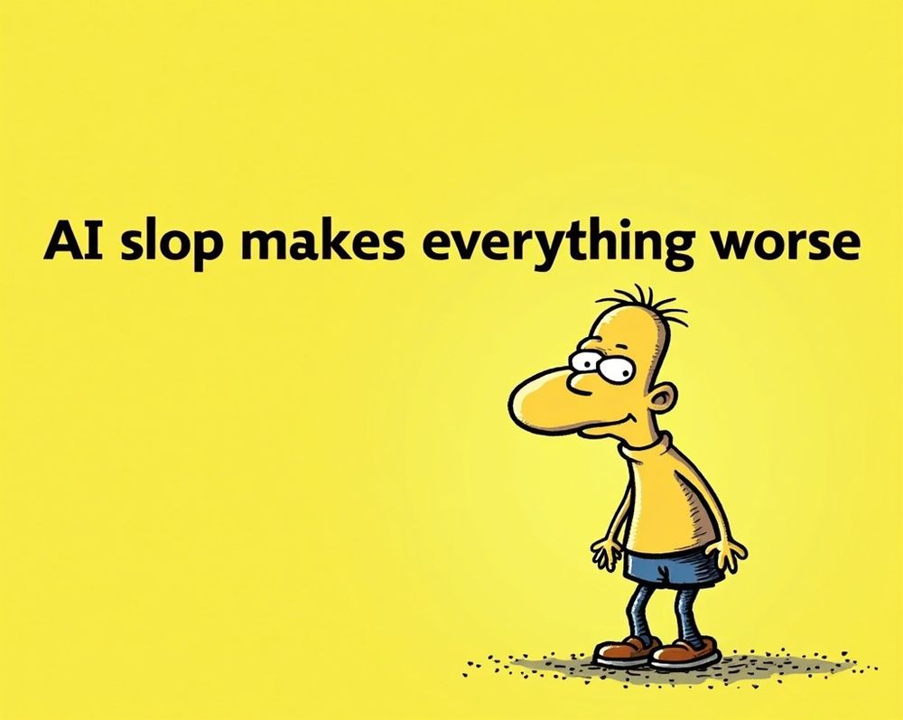 Horrible Seussian / Groening looking hybrid character (with extra fingers, bc ofc it should) on a yellow background with an overhead caption that says “AI slop makes everything worse”