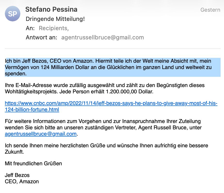 Screenshot der SPAM-Mail mit dem zitierten Text.