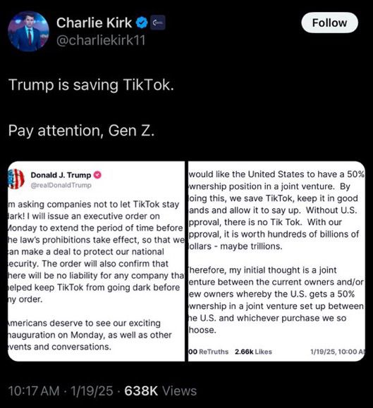 Charlie Kirk tweeting today:

Trump is saving TikTok.

Pay attention, Gen Z.
