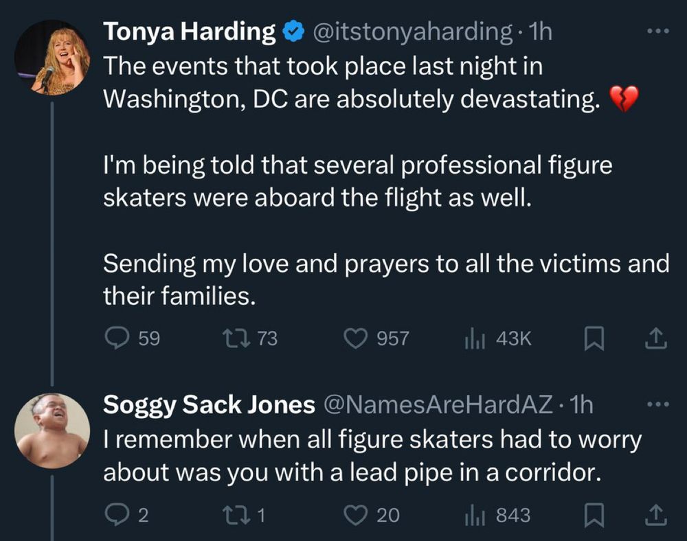 Tonya Harding @itstonyaharding tweeted:

“The events that took place last night in Washington, DC are absolutely devastating.
I'm being told that several professional figure skaters were aboard the flight as well.
Sending my love and prayers to all the victims and their families.”

Soggy Sack Jones @NamesAreHardAZ replied:

“OI remember when all figure skaters had to worry about was you with a lead pipe in a corridor.”