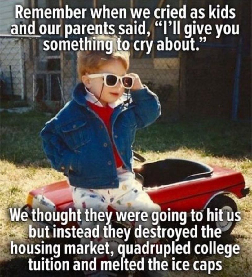A meme that says:

Remember when we cried as kids and our parents said, "I'll give you something to cry about."

We thought they were going to hit us but instead they destroyed the housing market, quadrupled college tuition and melted the ice caps