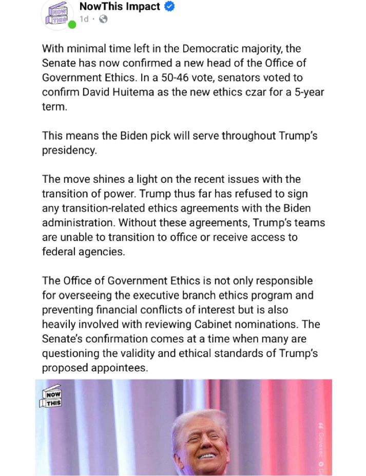 With minimal time left in the Democratic majority, the Senate has now confirmed a new head of the Office of Government Ethics. In a 50-46 vote, senators voted to confirm David Huitema as the new ethics czar for a 5-year term.
This means the Biden pick will serve throughout Trump's presidency.
The move shines a light on the recent issues with the transition of power. Trump thus far has refused to sign any transition-related ethics agreements with the Biden administration. Without these agreements, Trump's teams are unable to transition to office or receive access to federal agencies.
The Office of Government Ethics is not only responsible for overseeing the executive branch ethics program and preventing financial conflicts of interest but is also heavily involved with reviewing Cabinet nominations. The Senate's confirmation comes at a time when many are questioning the validity and ethical standards of Trump's proposed appointees.