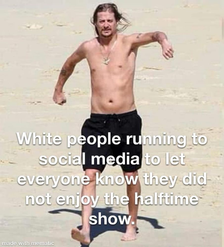 Kid Rock stomping toward the camera captioned with “White people running to social media to let everyone know they did not enjoy the halftime show.”