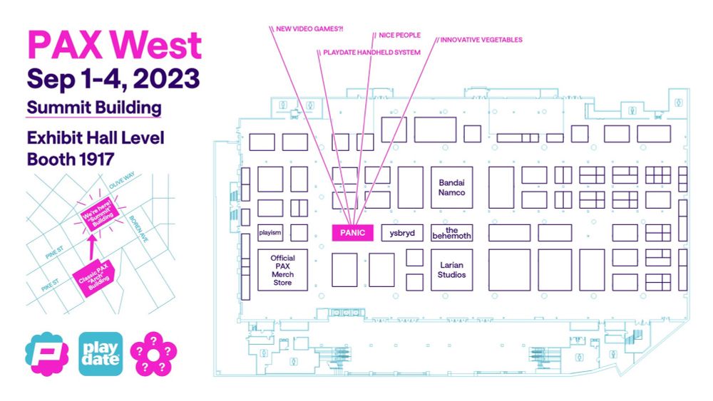 Map of the PAX West show floor with our booth highlighted. The text says PAX West, September 1-4, 2023. Summit Building, Exhibit Hall Level, Booth 1917