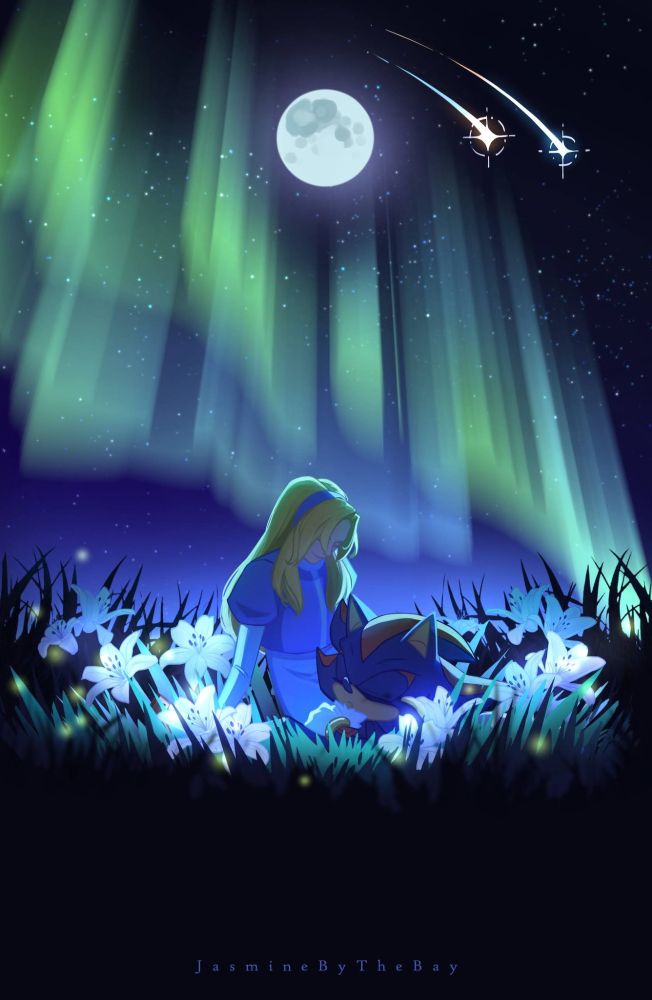 It is a clear night. Aurora borealis and the full moon shine above. Next to the moon are two shooting stars. At the bottom of the poster are Shadow and Maria in a field of lilies and fireflies. Shadow is dozing off, his head resting in Maria's lap. Maria is sitting, smiling fondly down at Shadow in her lap.